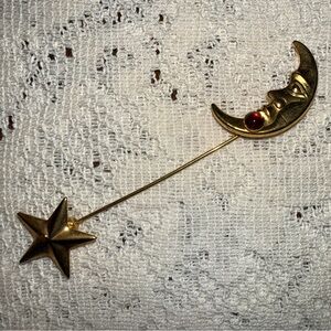 Vintage Celestial Gold Tome Moon and Star Brooch Stick Pin with Red Accent Stone